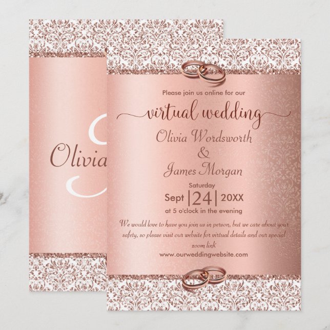 Rose Gold Monogram Glitter Virtual Wedding Invitation (Front/Back)
