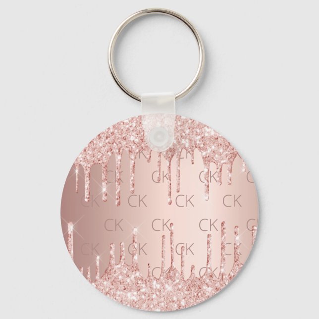 Rose gold monogram initials glitter drips key ring (Front)