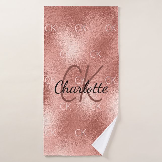 Rose gold monogram initials name minimalist bath towel (Bath Towel)