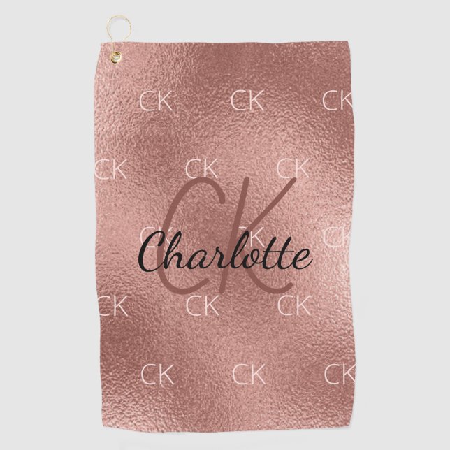 Rose gold monogram initials name minimalist golf towel (Front)