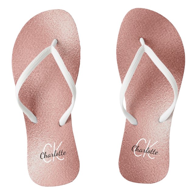 Rose gold monogram initials name minimalist thongs (Footbed)
