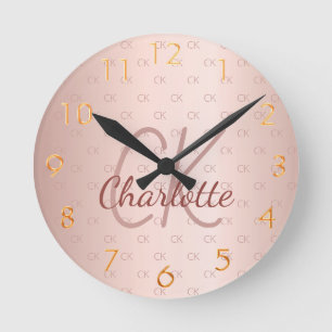 Rose gold monogram initials name script elegant round clock