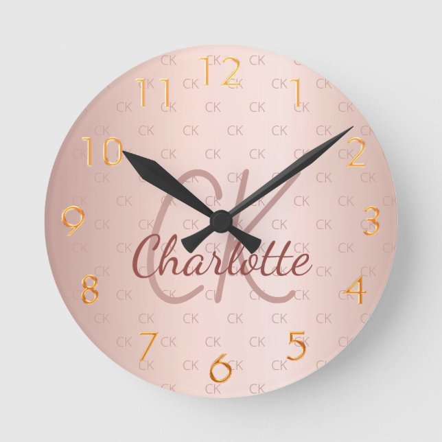 Rose gold monogram initials name script elegant round clock (Front)