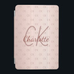 Rose gold monogram initials pink modern iPad mini cover<br><div class="desc">Personalise and add your name and monogram letters,  initials.  The monogram initials as a pattern on the background.   A girly and feminine rose gold,  pink gradient background colour.  Rose gold coloured letters. The name is written with a hand lettered style script.</div>