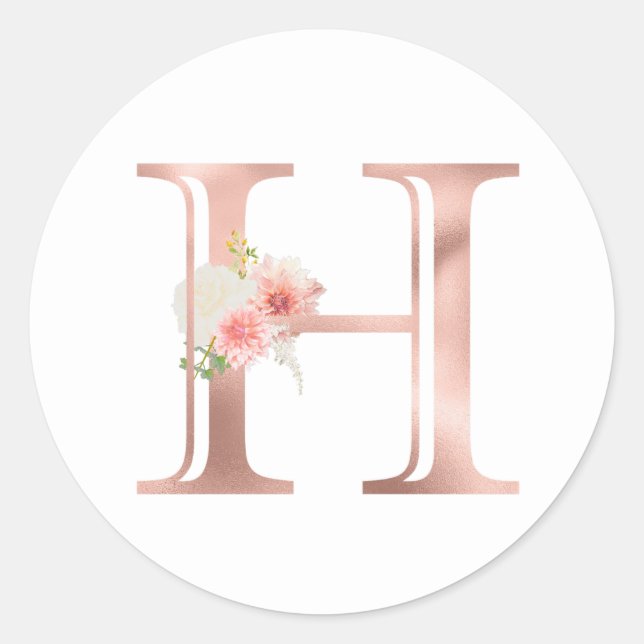 Rose Gold Monogram Letter H Blush Pink Flower Foil Classic Round Sticker (Front)