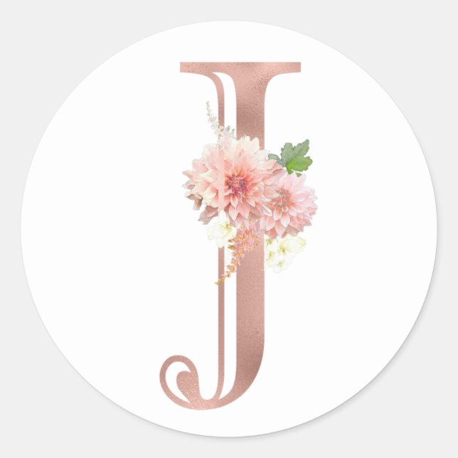 Rose Gold Monogram Letter J Blush Pink Flower Foil Classic Round Sticker (Front)
