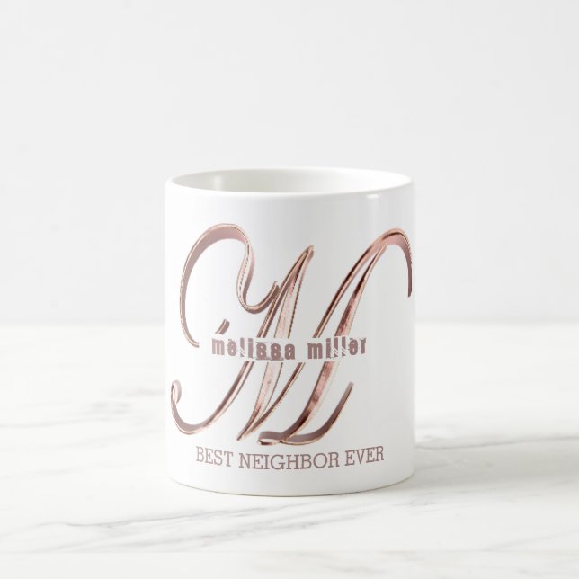 Rose Gold Monogram M Custom Text Best Neighbour Coffee Mug (Center)