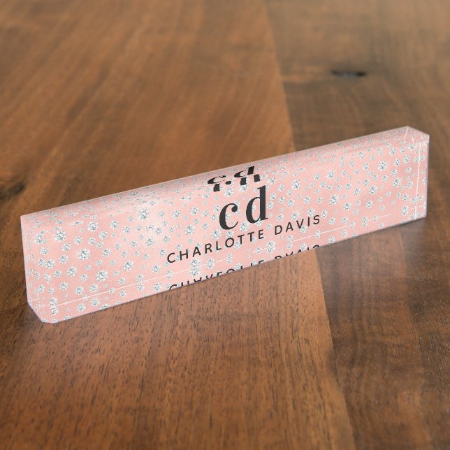 Rose gold monogram name diamonds sparkle nameplate (Side)