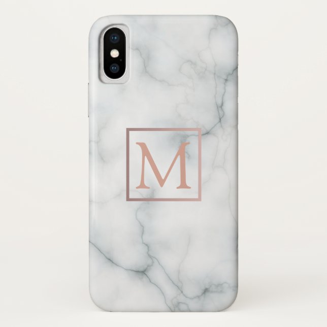 rose gold monogram on black and white marble stone Case-Mate iPhone case (Back)