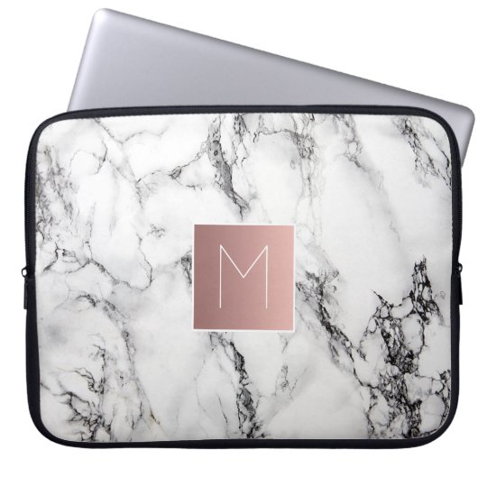 rose gold monogram on marble laptop sleeve
