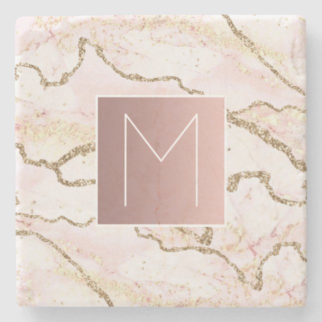rose gold monogram on pink marble stone coaster (Front)