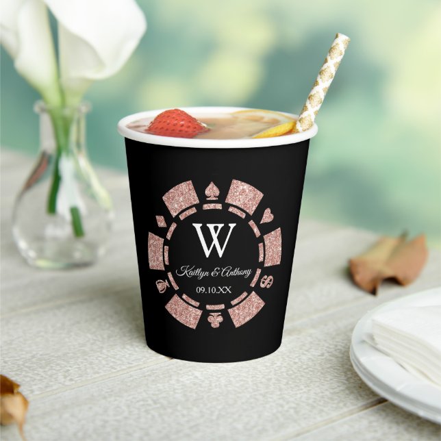 Rose Gold Monogram Poker Chip Casino Wedding Paper Cups (Insitu)