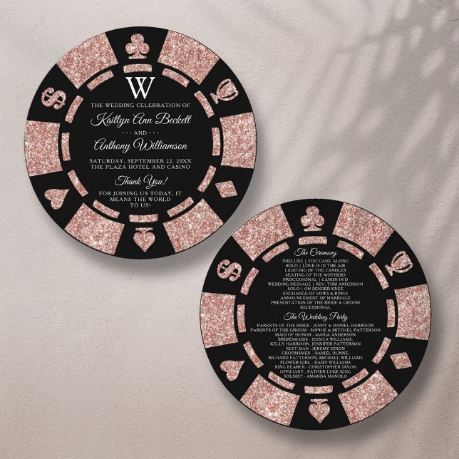 Rose Gold Monogram Poker Chip Casino Wedding Program (Creator Uploaded)