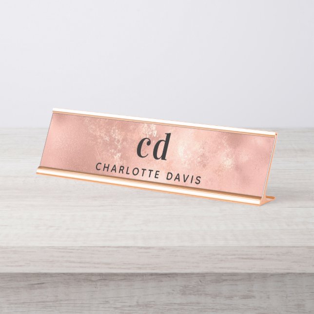 Rose gold monogram rustic luxury desk name plate (Front)