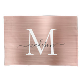 Rose Gold Monogram Script Elegant Brushed Metal Pillowcase
