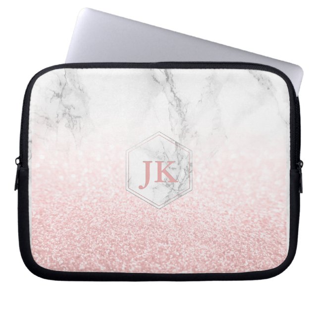 Rose Gold Monogram+Snow Bokeh+Marble Laptop Sleeve (Front)