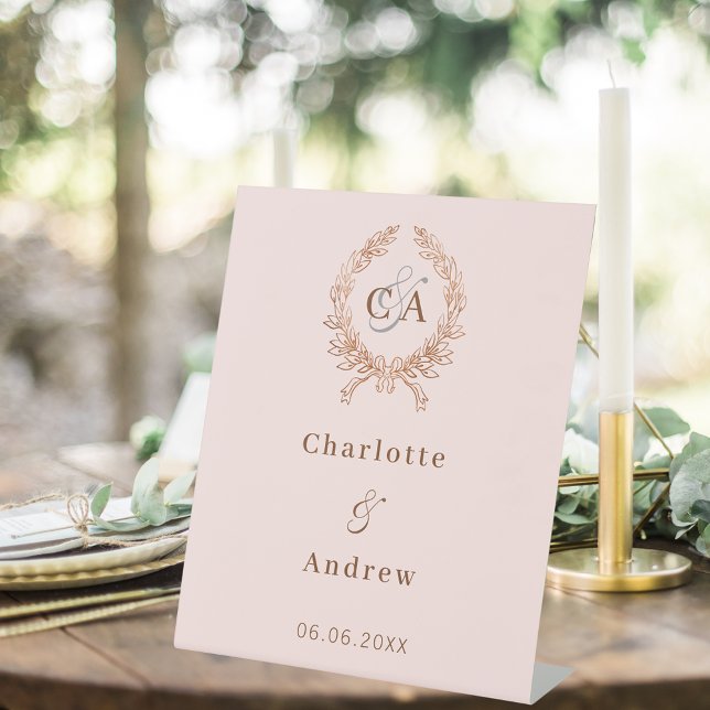 Rose gold monogram wreath wedding welcome pedestal sign (Creator Uploaded)