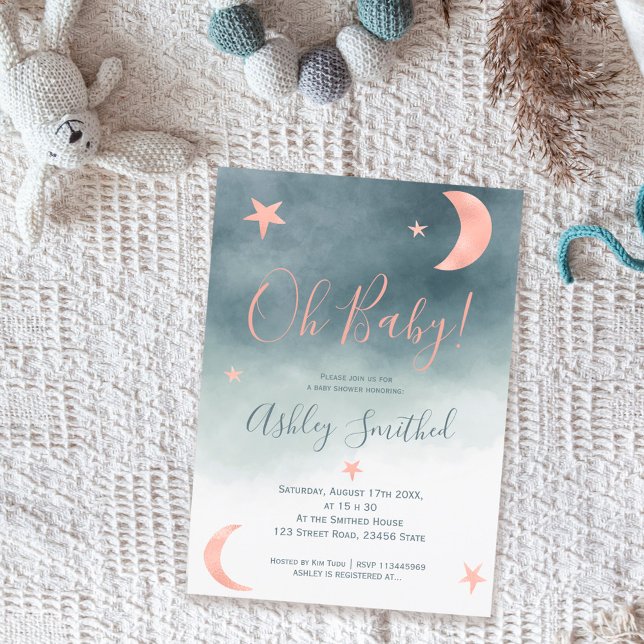 Rose gold moon stars blue watercolor baby shower invitation (Creator Uploaded)