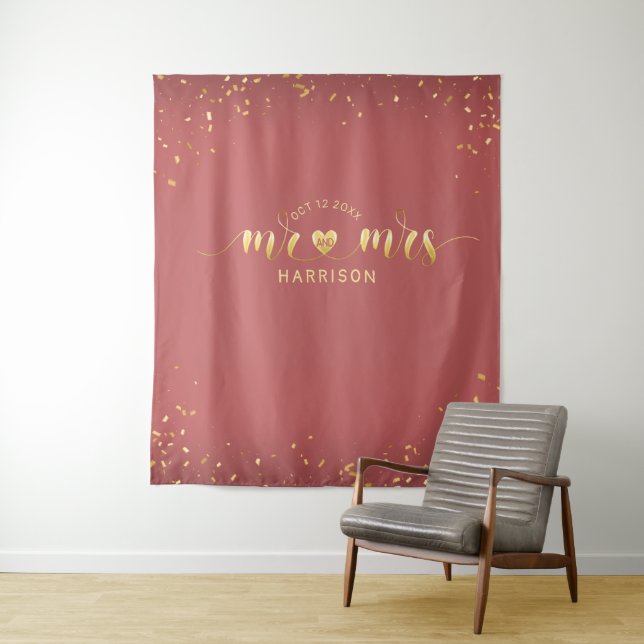 Rose Gold Mr and Mrs Wedding Photo Booth Tapestry (In Situ)