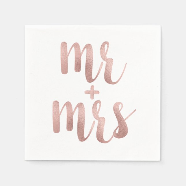 Rose gold Mr. & Mrs. cocktail napkins, foil font Napkin (Front)
