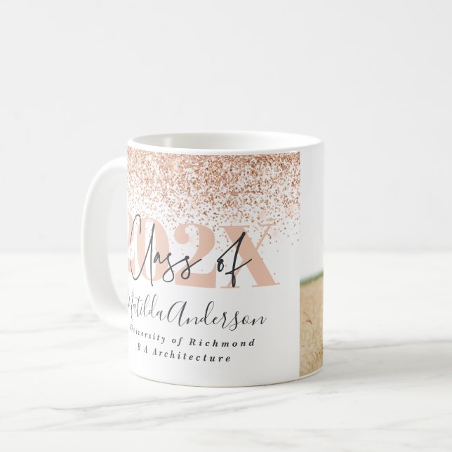 Rose gold multi photo graduation glitter photo coffee mug (Front Left)