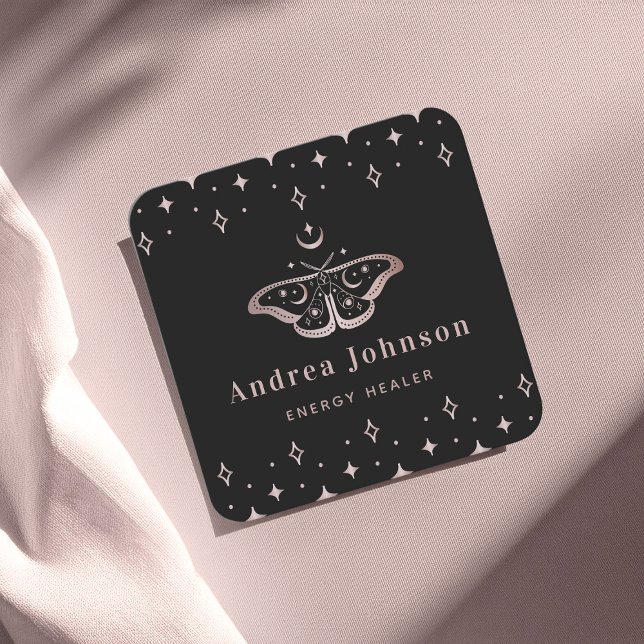 Rose Gold Mystic Moth Butterfly Celestial Moon Square Business Card (Creator Uploaded)
