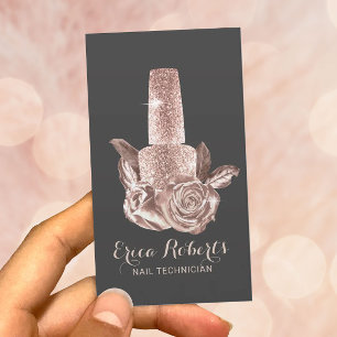 Rose Gold Nail Polish Bottle & Flowers Manicurist Business Card