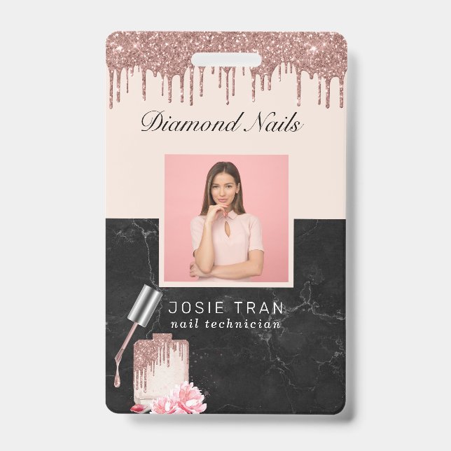 Rose Gold Nail Salon Employee Photo ID Badge (Front)