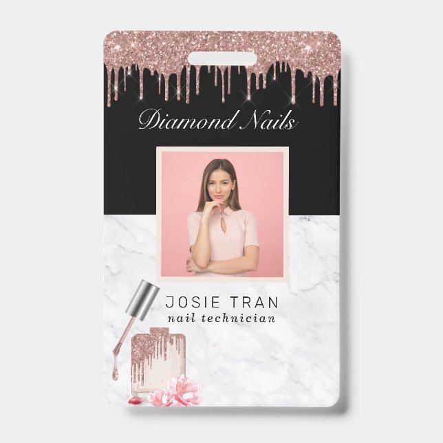 Rose Gold Nail Salon Employee Photo ID Badge (Front)
