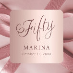 Rose gold name script 50th birthday square sticker<br><div class="desc">Rose gold gradient background. Fifty written with a dark rose gold script.  Personalise and add a name and date.</div>