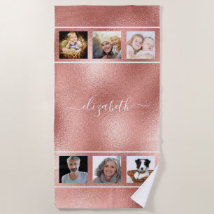 Rose gold name script photo collage beach towel