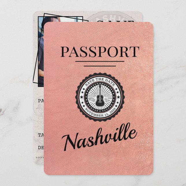 Rose Gold Nashville Passport Save The Date (Front/Back)