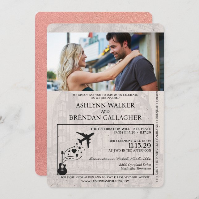 Rose Gold Nashville Passport Wedding Invitation (Front/Back)