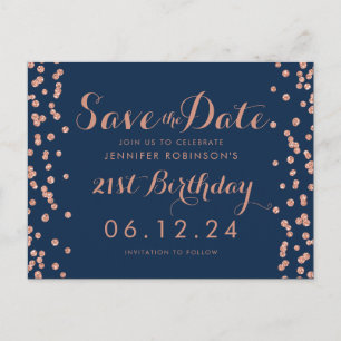 Rose Gold Navy 21st Birthday Save Date Confetti Announcement Postcard