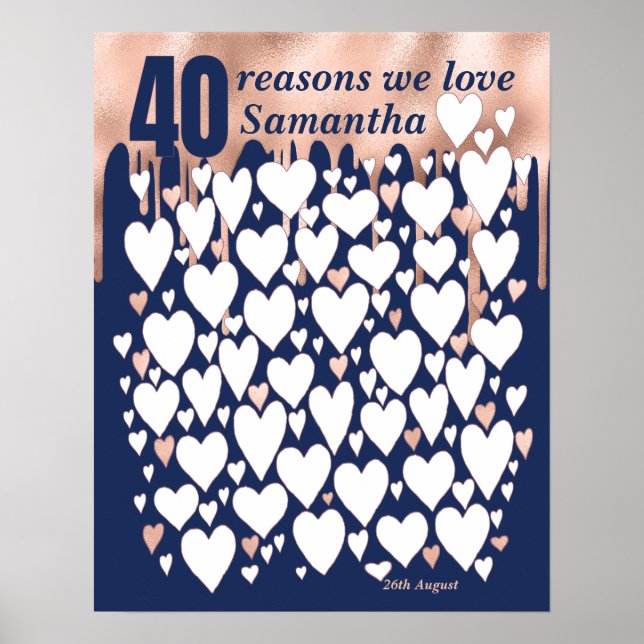 Rose Gold Navy 40th Birthday Gift - 40 Reasons Poster (Front)