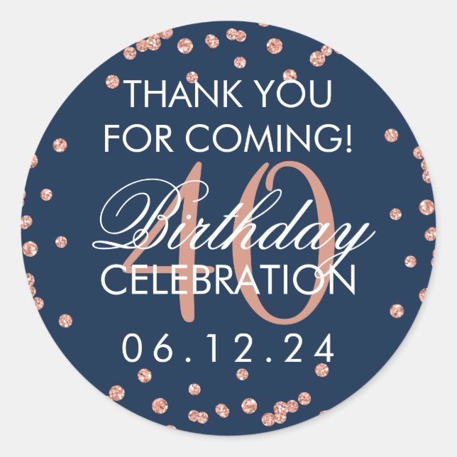 Rose Gold Navy 40th Birthday Thank You Confetti Classic Round Sticker (Front)