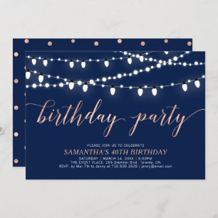 Rose Gold & Navy   Adult Women's 40 Birthday Party Invitation