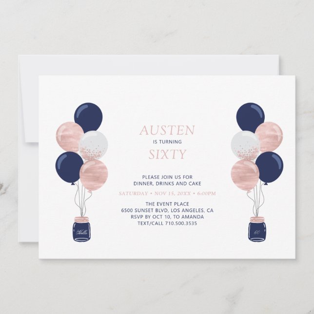 Rose Gold & Navy Balloon Modern 30 Birthday Party Invitation (Front)