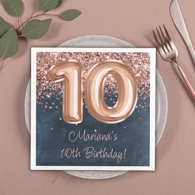  Rose Gold Navy Blue 10th Birthday Party Napkin (Creator Uploaded)
