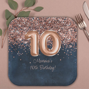 Rose Gold Navy Blue 10th Birthday Party Paper Plate