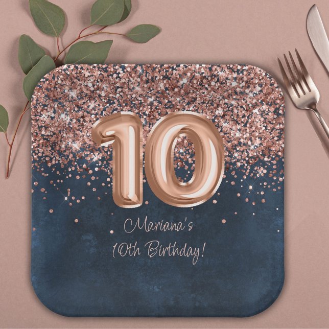  Rose Gold Navy Blue 10th Birthday Party Paper Plate (Creator Uploaded)