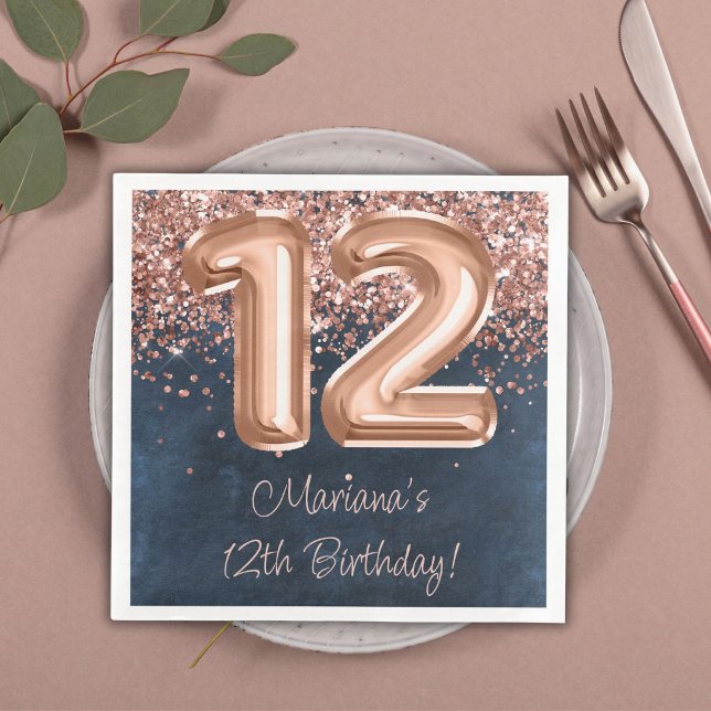  Rose Gold Navy Blue 12th Birthday Party Napkin (Creator Uploaded)