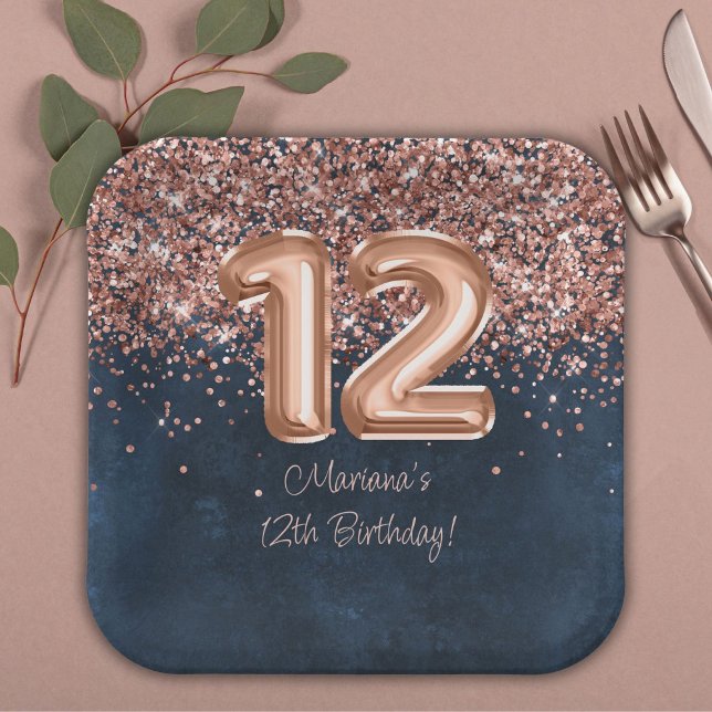  Rose Gold Navy Blue 12th Birthday Party Paper Plate (Creator Uploaded)