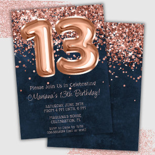 Rose Gold Navy Blue 13th Birthday Party Invitation