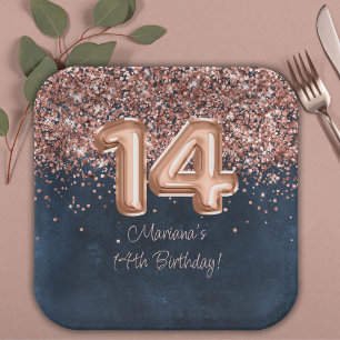 Rose Gold Navy Blue 14th Birthday Party Paper Plate