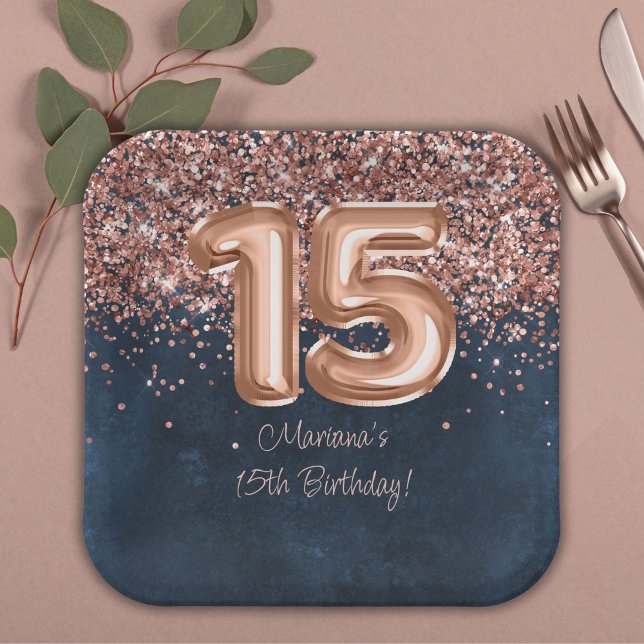  Rose Gold Navy Blue 15th Birthday Party Paper Plate (Creator Uploaded)