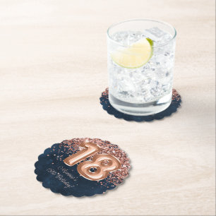  Rose Gold Navy Blue 18th Birthday Party Paper Coaster