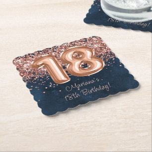 Rose Gold Navy Blue 18th Birthday Party Paper Coaster