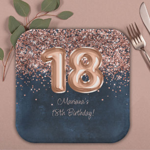 Rose Gold Navy Blue 18th Birthday Party Paper Plate