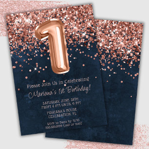 Rose Gold Navy Blue 1st Birthday Party Invitation